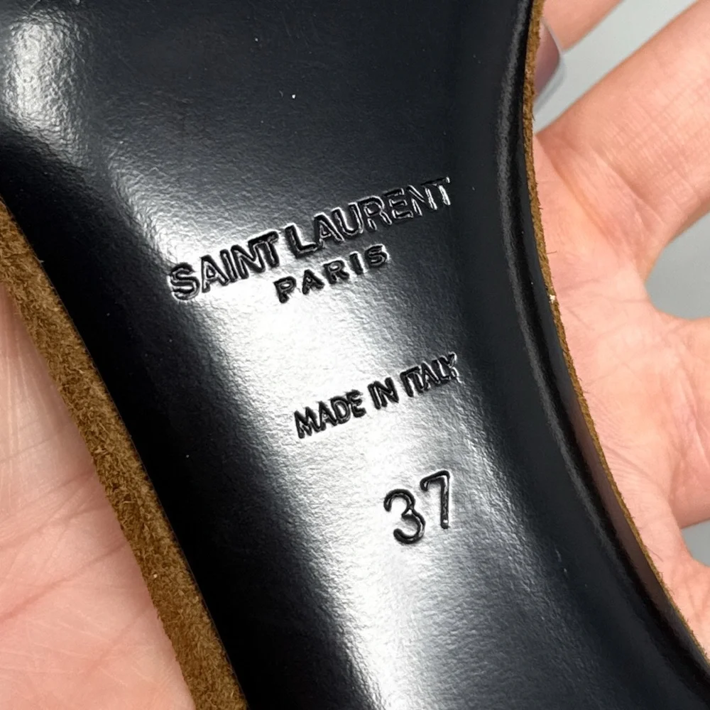 Saint Laurent Bea Bow Suede Square Toe Ankle Wrap Strap Sandal Heels Brown 37 - Picture 11 of 14